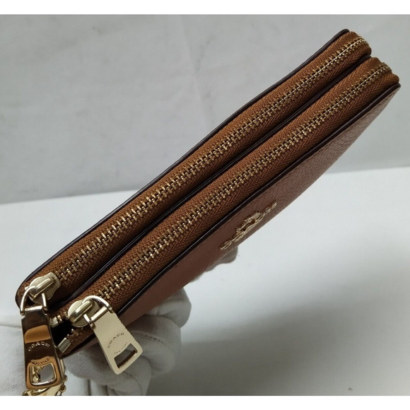 Coach Brown Pebbled Leather Double Zipper Closure Credit Card Wristlet - Wallet - Picture 4 of 13